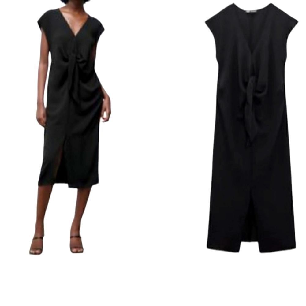 Zara Knotted V-Neck Black Sleeveless Women's Dress Sz Small